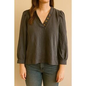 LOFT‎ Gray Button V Neck Pullover Top Puff Sleeve Casual Comfy Relaxed Fit